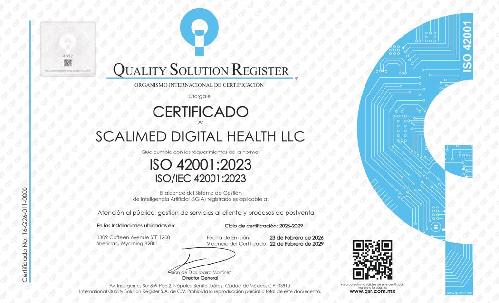 ISO/IEC 42001:2023 certificate issued to Scalimed Digital Health LLC